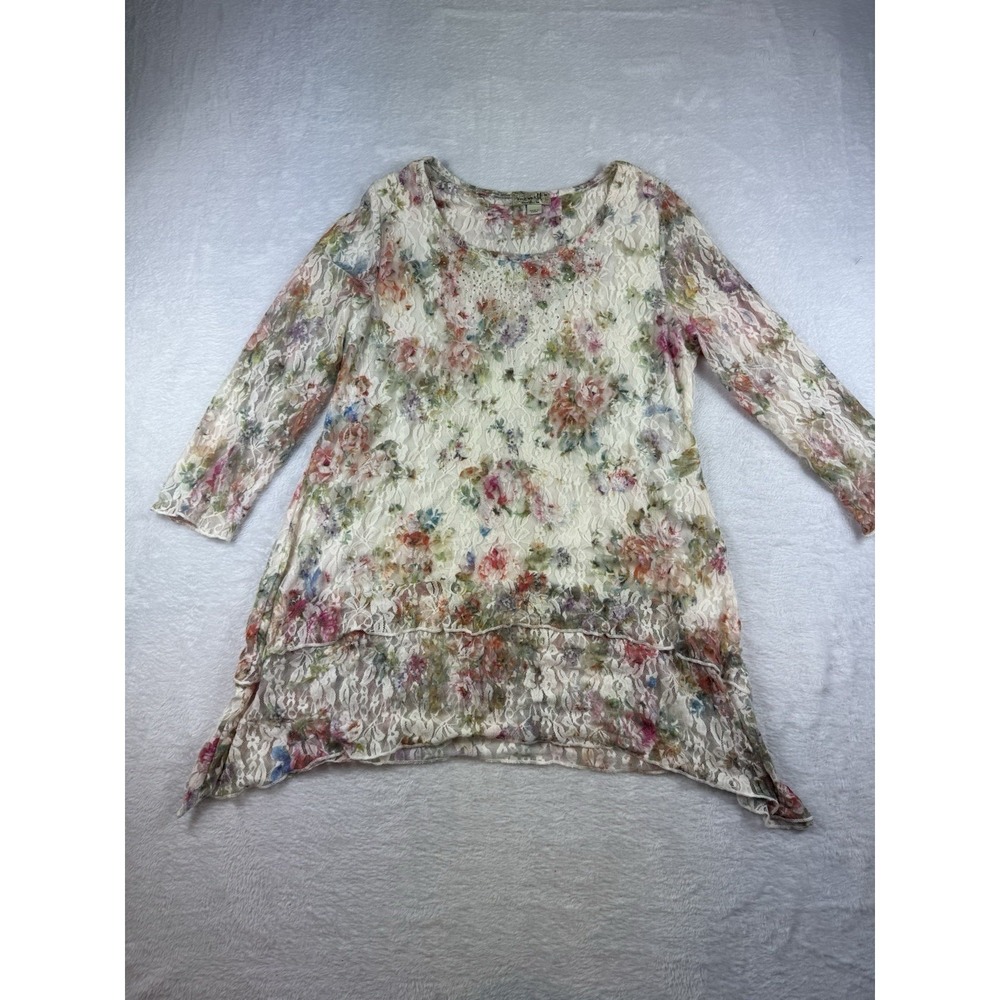 VTG Floral Tunic Lace Overlay Multicolored Blouse Top Sz M Boho Fairy Whimsical